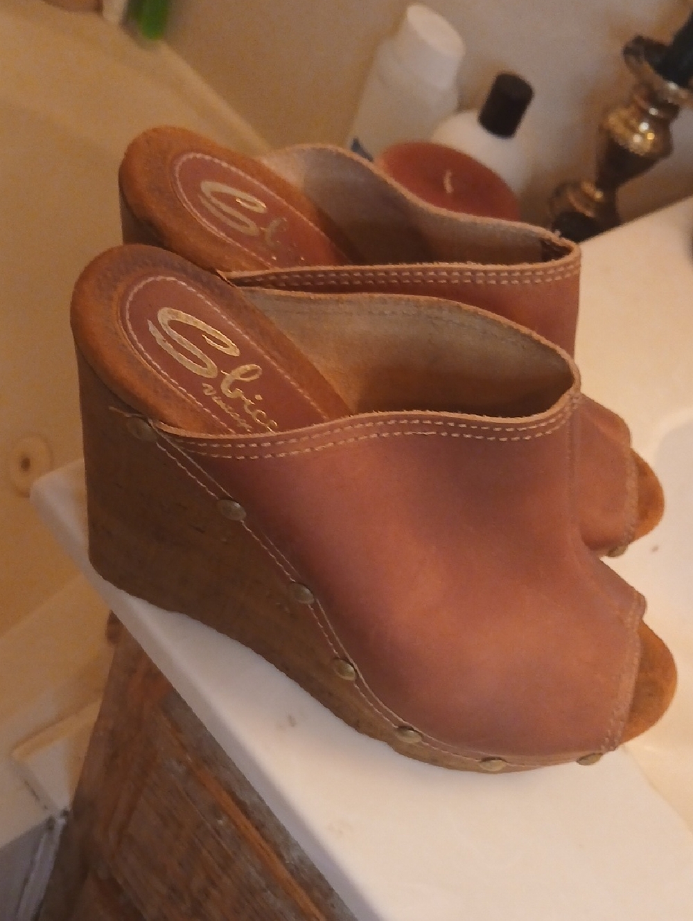 Sbicca Tan Open-Toe Cork Wedge Mules,sz.40 Eur.,sz.9.5 U.s.